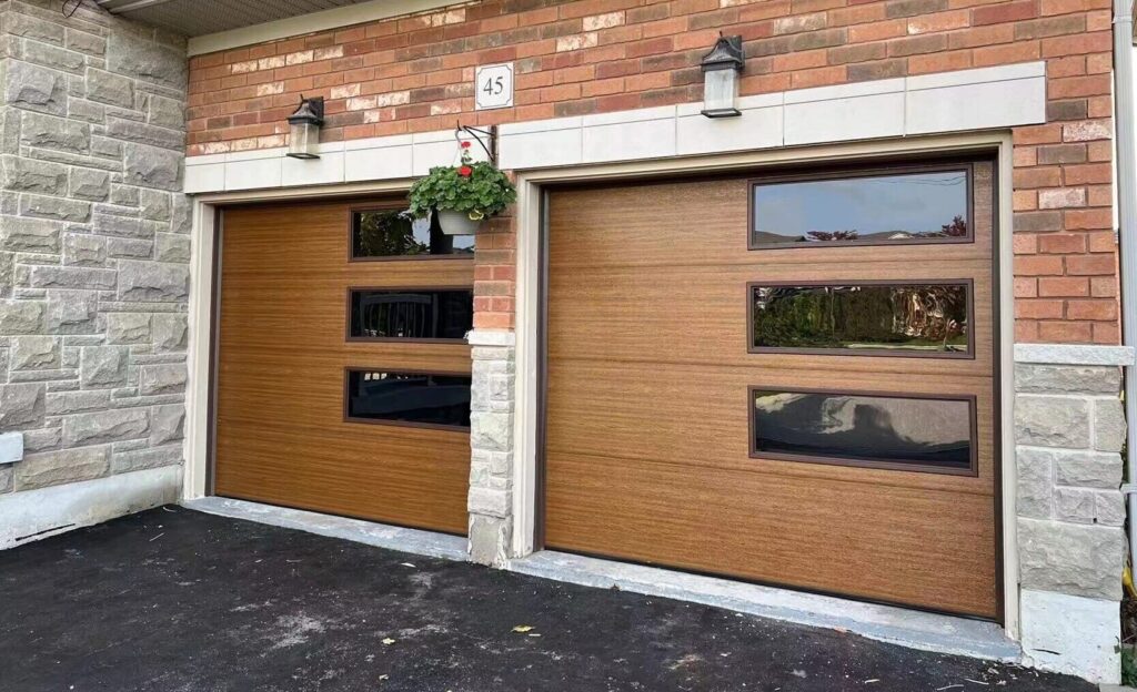 Garage door in wallnut finish.